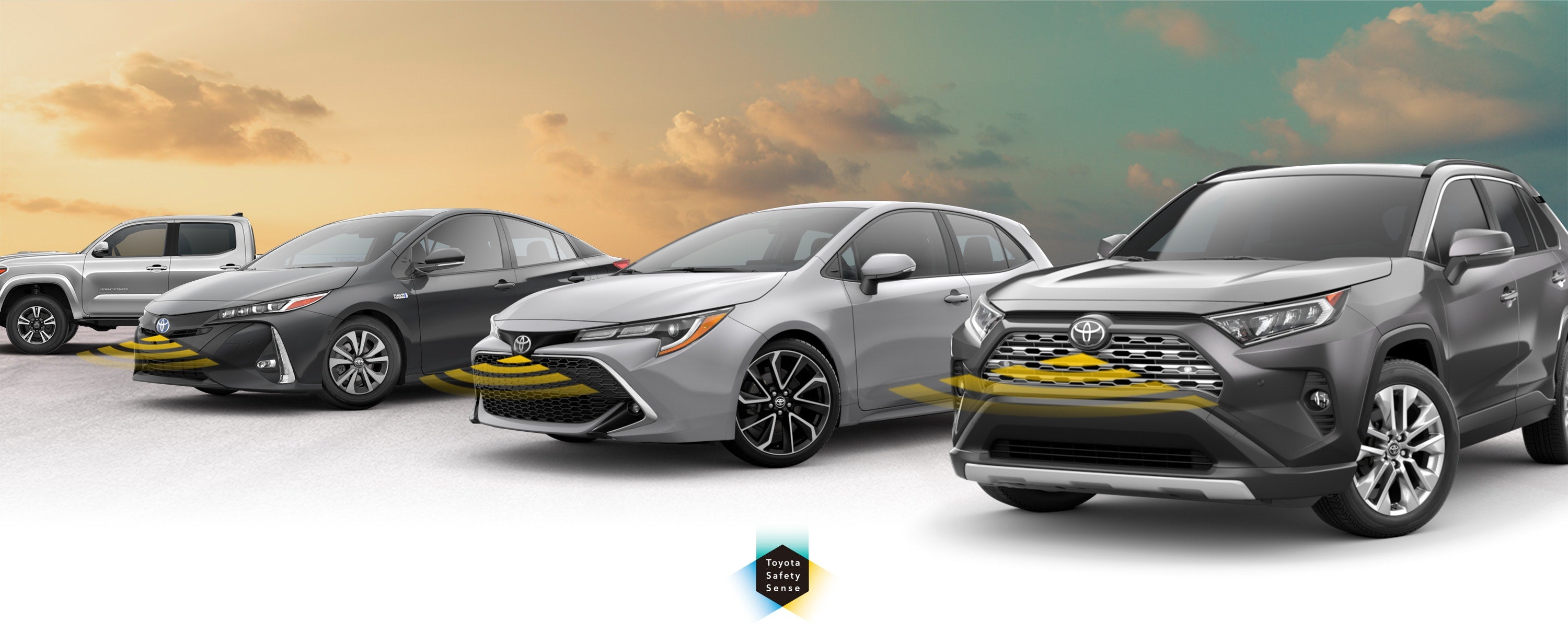 Toyota Safety Sense: Designed for Safety. Options shown on Toyota models including RAV4, Tacoma, and Camry, available now at Butler Toyota Jacksonville in Jacksonville FL.